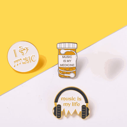 Music pin collection images with white and yellow background